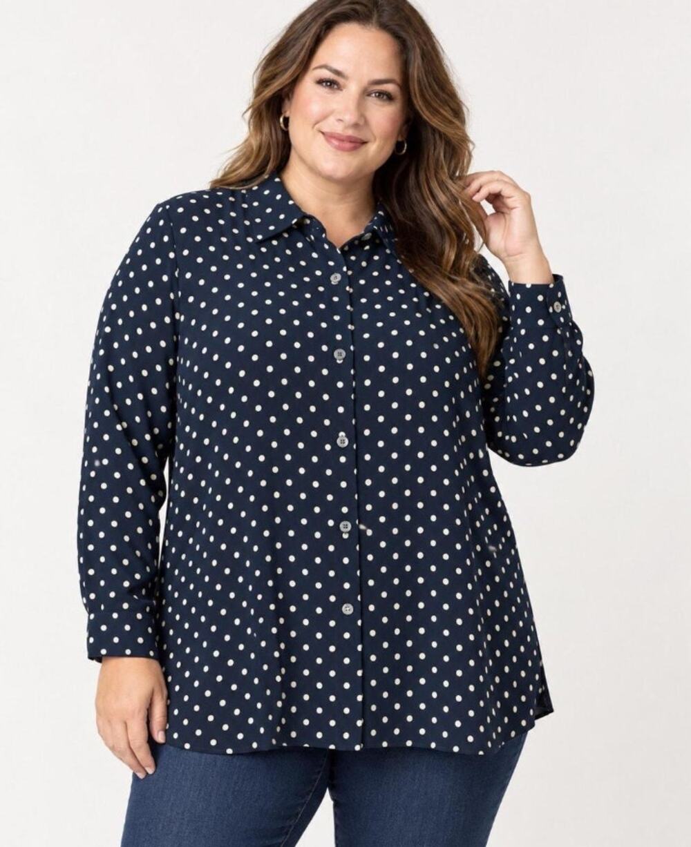 J.Jill Wearever Navy Ivory Polka Dot Plus Size Button Down Blouse 4X